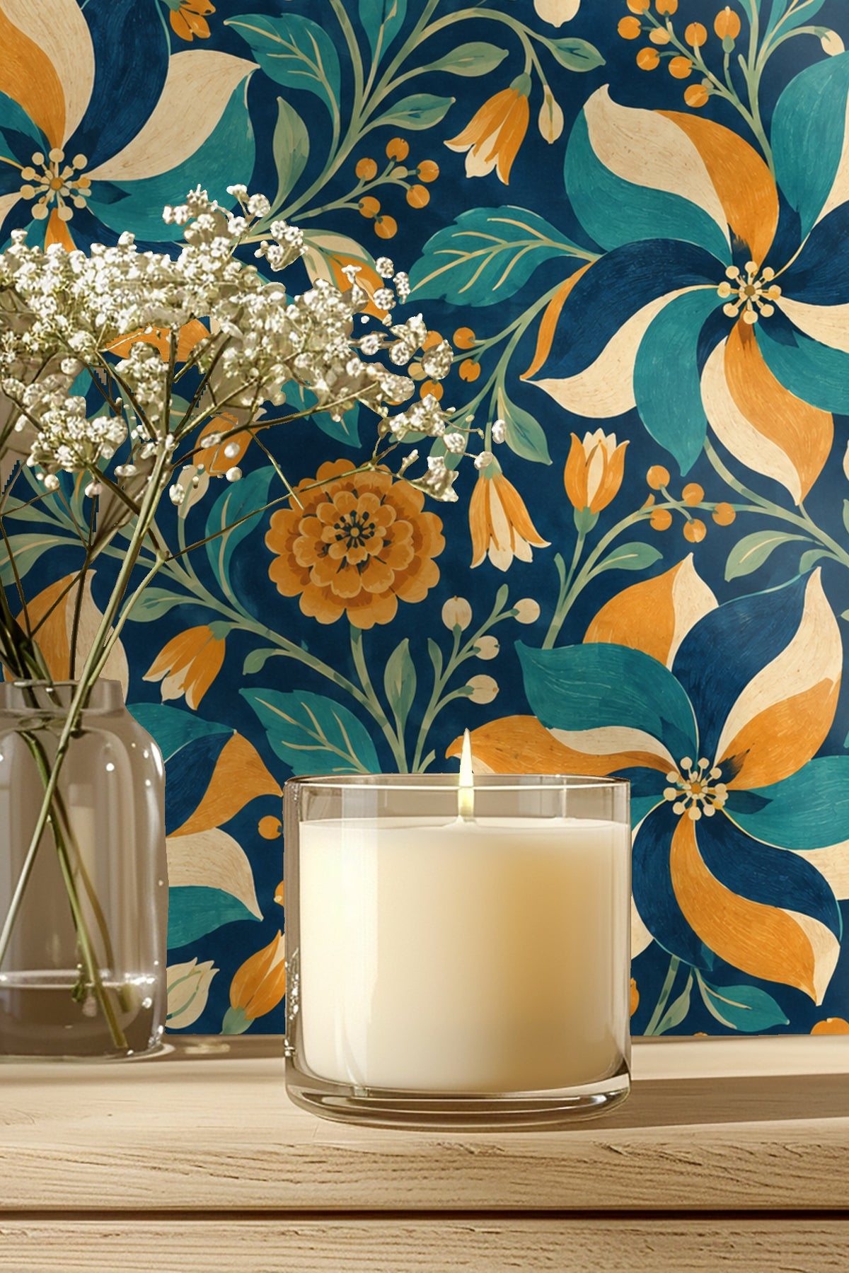 Bathroom sink area with paintbox pinwheel wallpaper behind mirror and gold fixtures