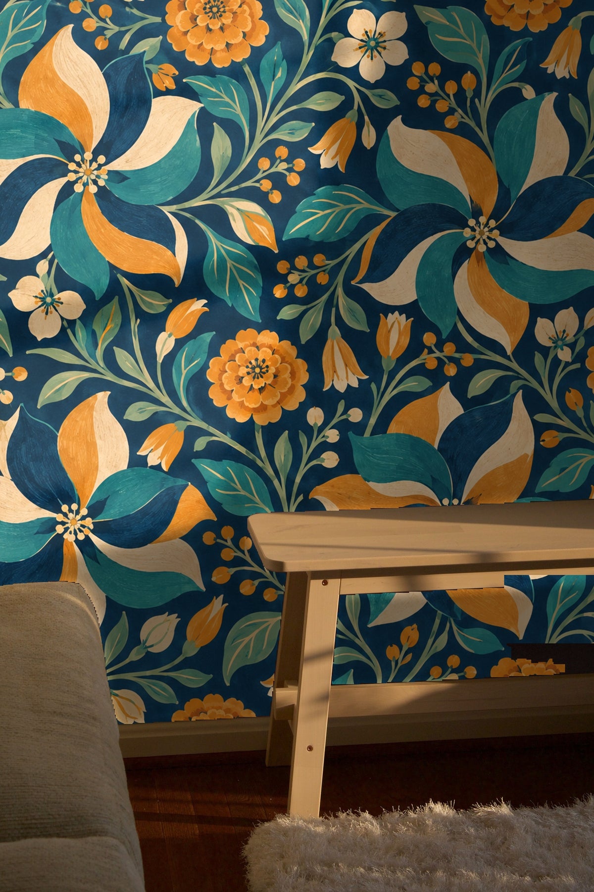 Wallpaper in an interior alcove with wood bench and pillow