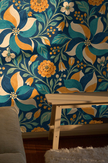 Wallpaper in an interior alcove with wood bench and pillow