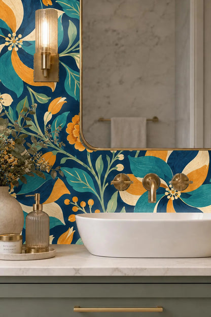 Entryway wall featuring paintbox pinwheel wallpaper with round mirror hanging