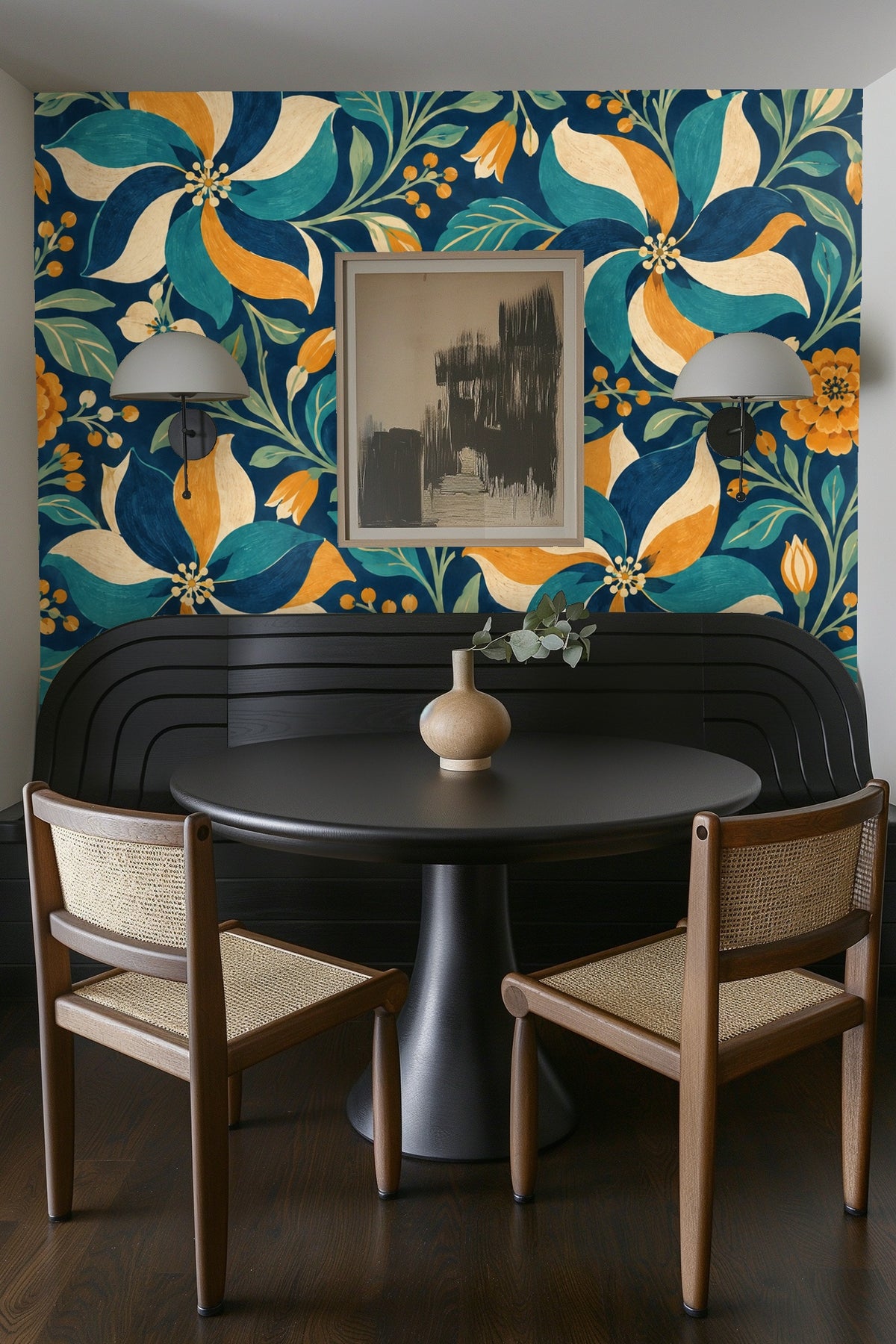 Large-scale pinwheel flowers in teal and orange on navy background