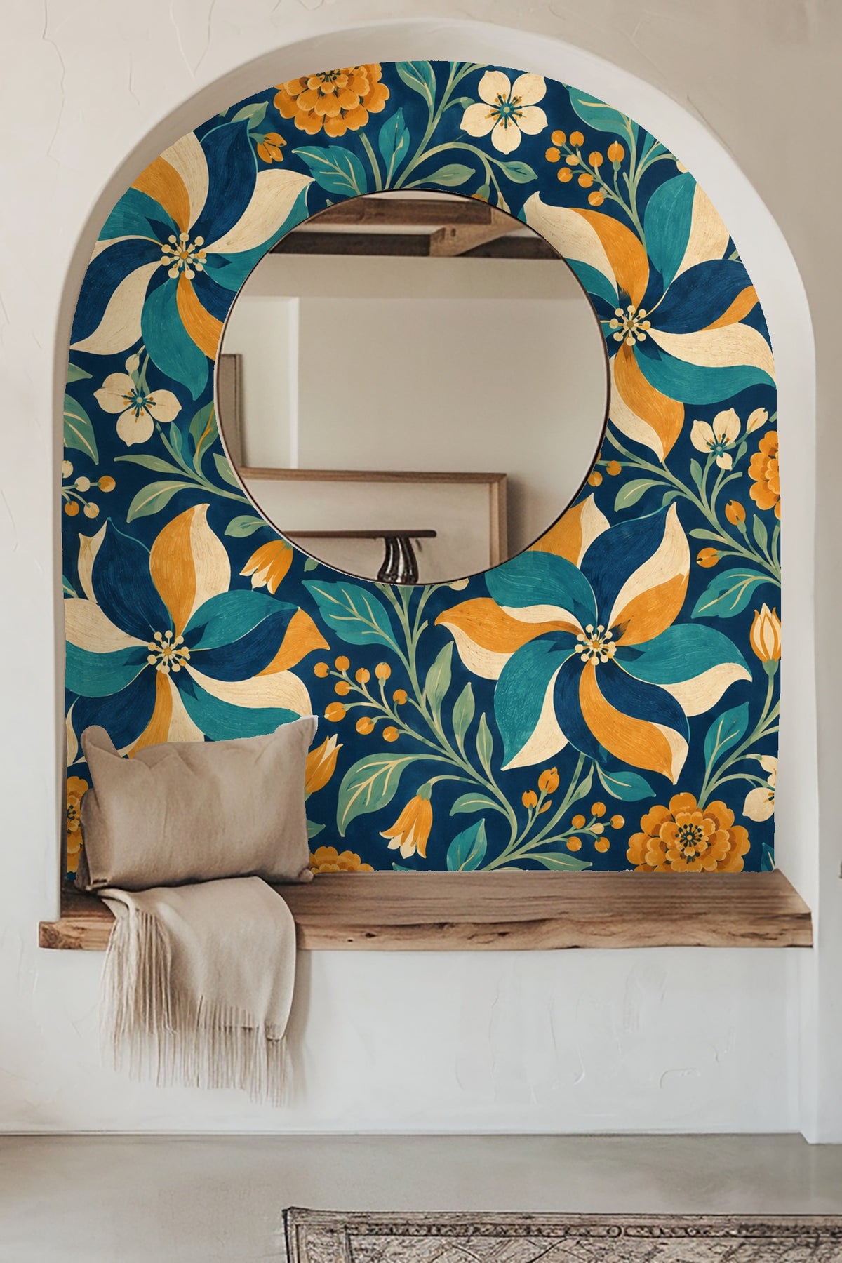 Close-up of vibrant paintbox pinwheel floral wallpaper artwork