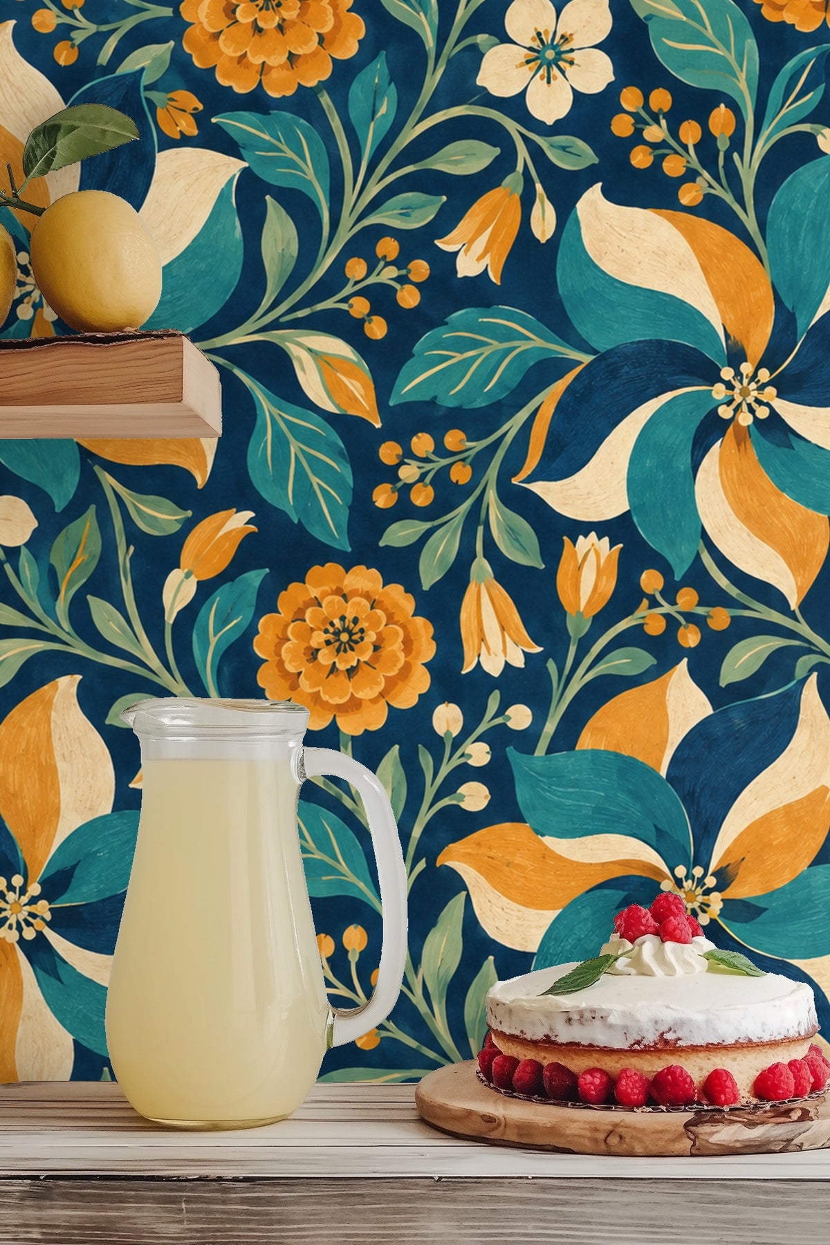 Floral wallpaper zoomed in on orange blossoms and buds