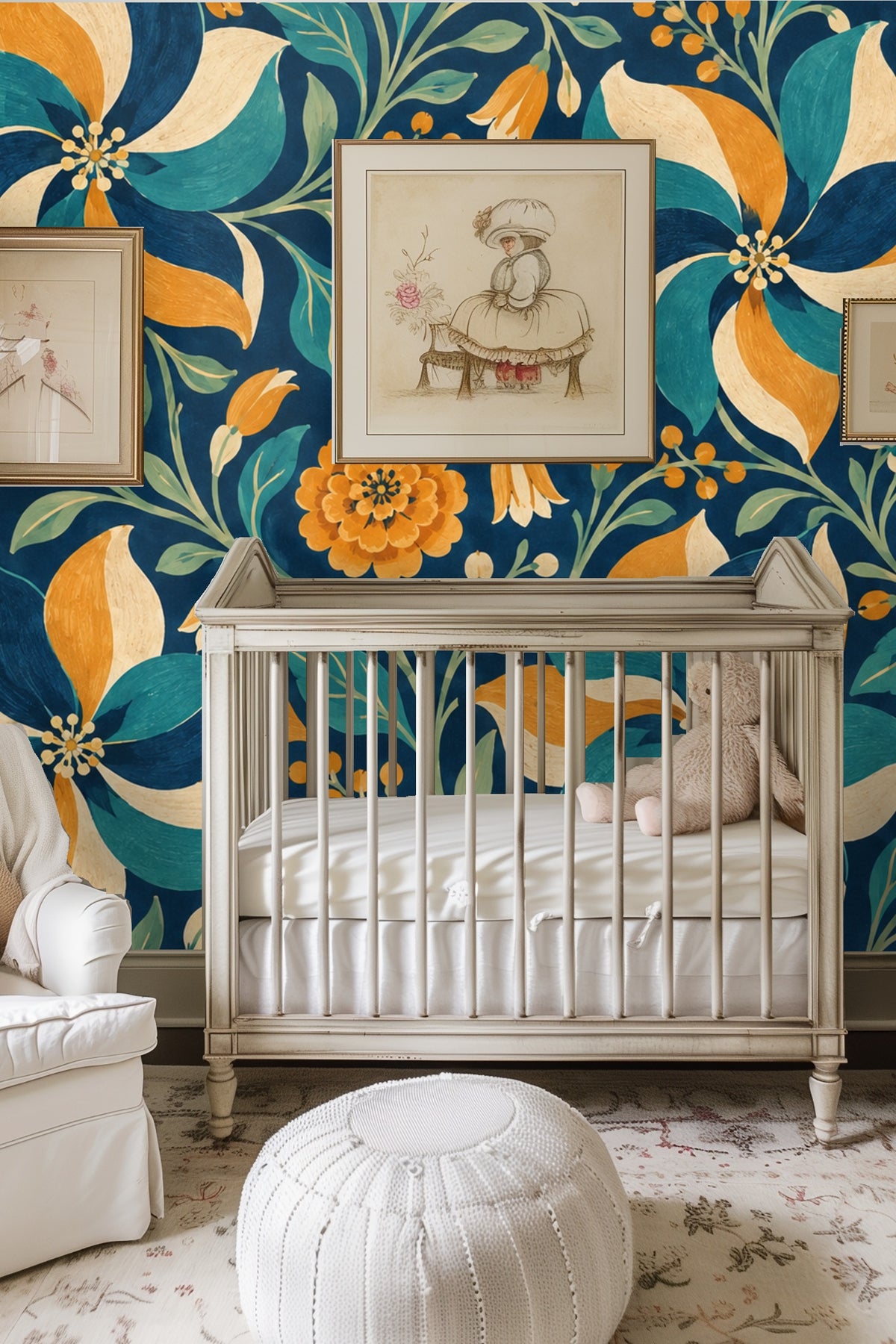 Paintbox pinwheel wallpaper wrapping a curved wall corner