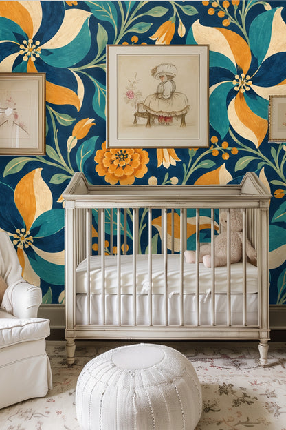 Paintbox pinwheel wallpaper wrapping a curved wall corner