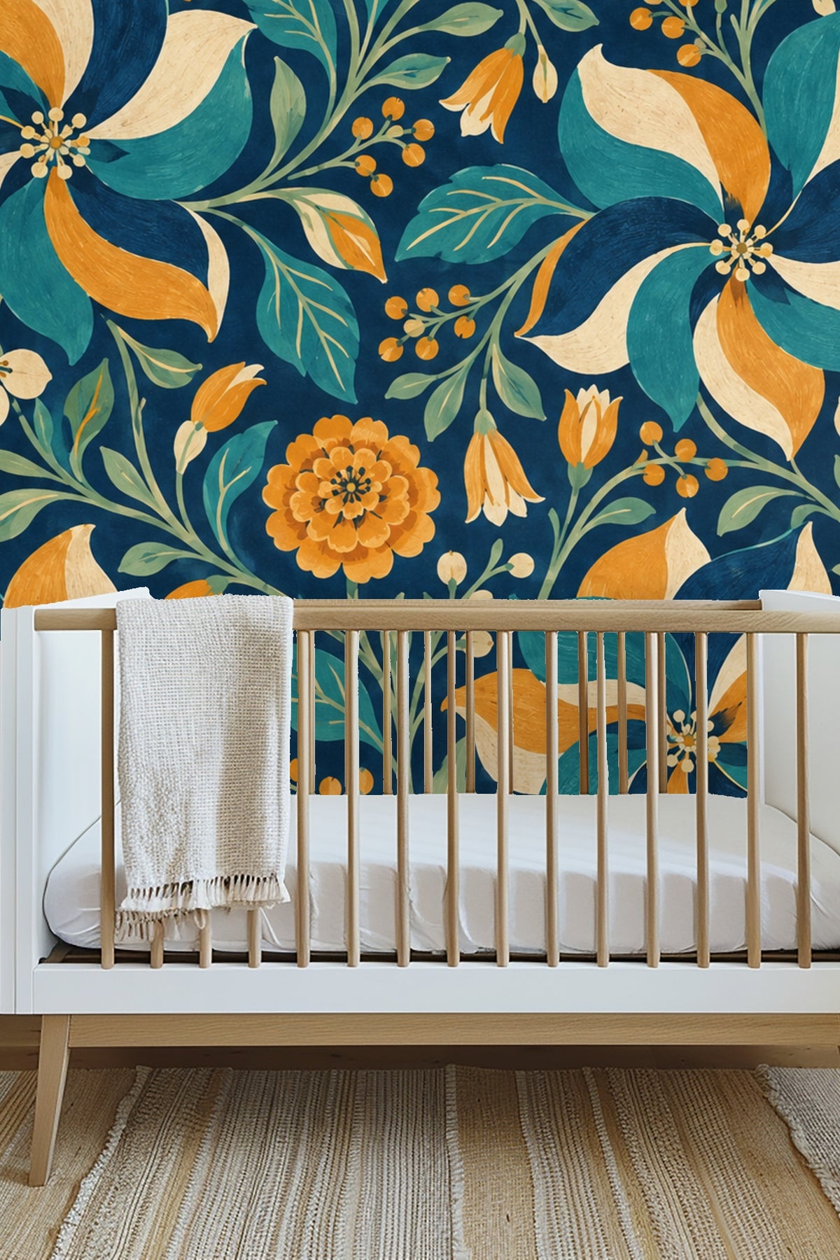 Detailed view of leaves and buds on the wallpaper