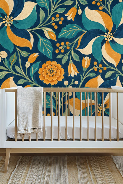 Detailed view of leaves and buds on the wallpaper