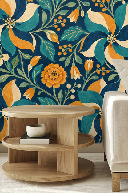 Wall showcasing bold floral wallpaper with mixed petal shapes