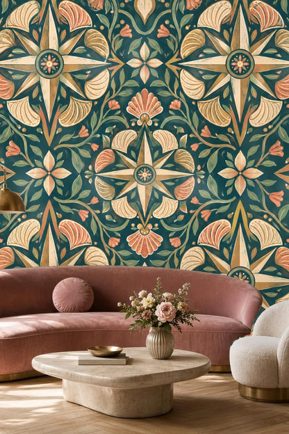 Symmetrical compass medallions repeating evenly across wallpaper
