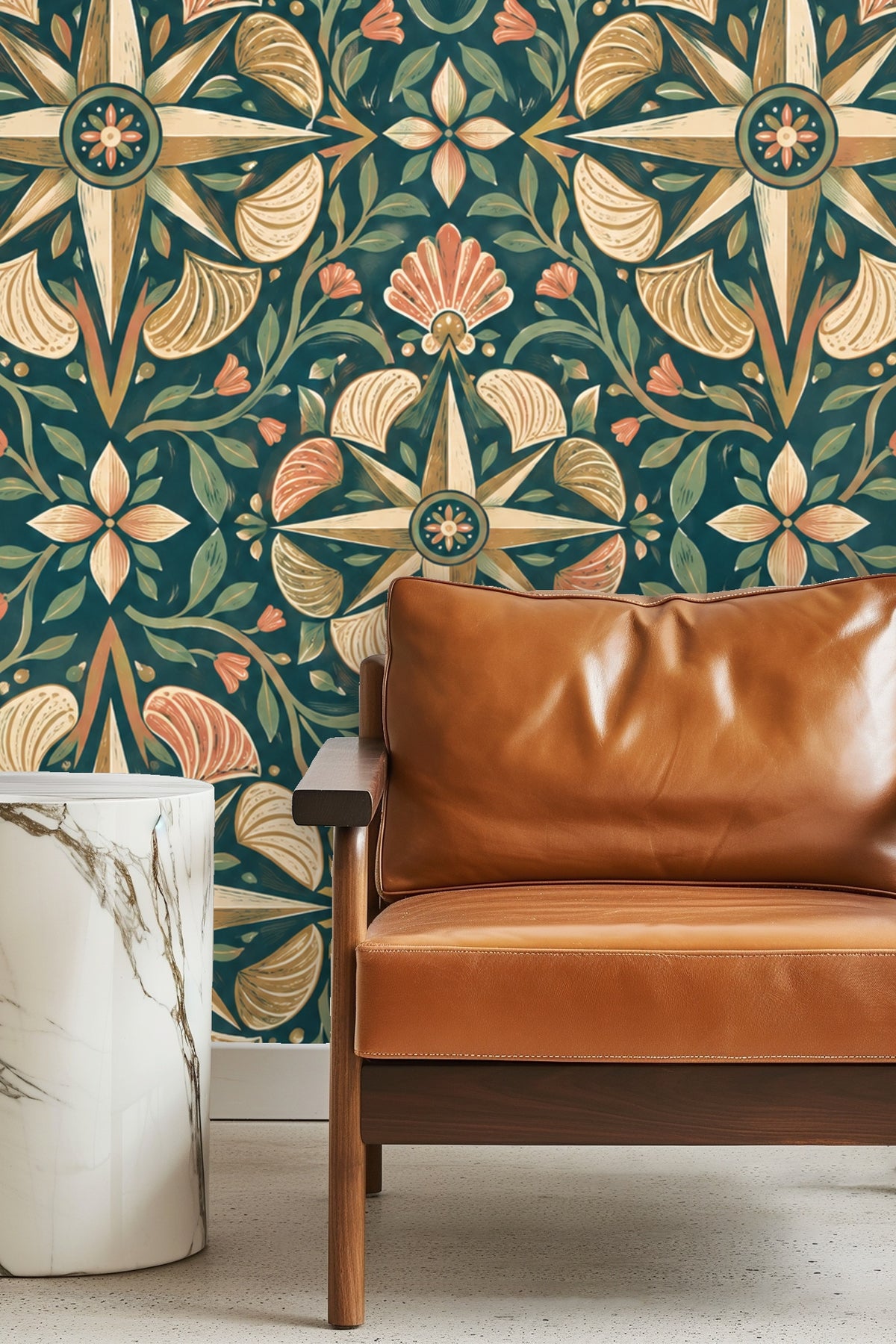 Detailed compass and shell pattern in teal, coral, beige, and olive