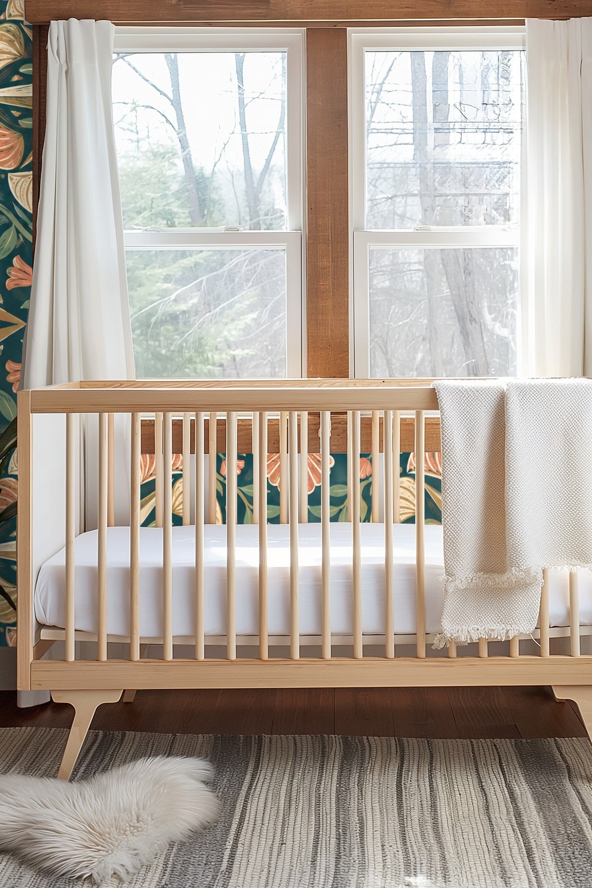 Bedroom headboard wall styled with Inlaid Shell Compass wallpaper