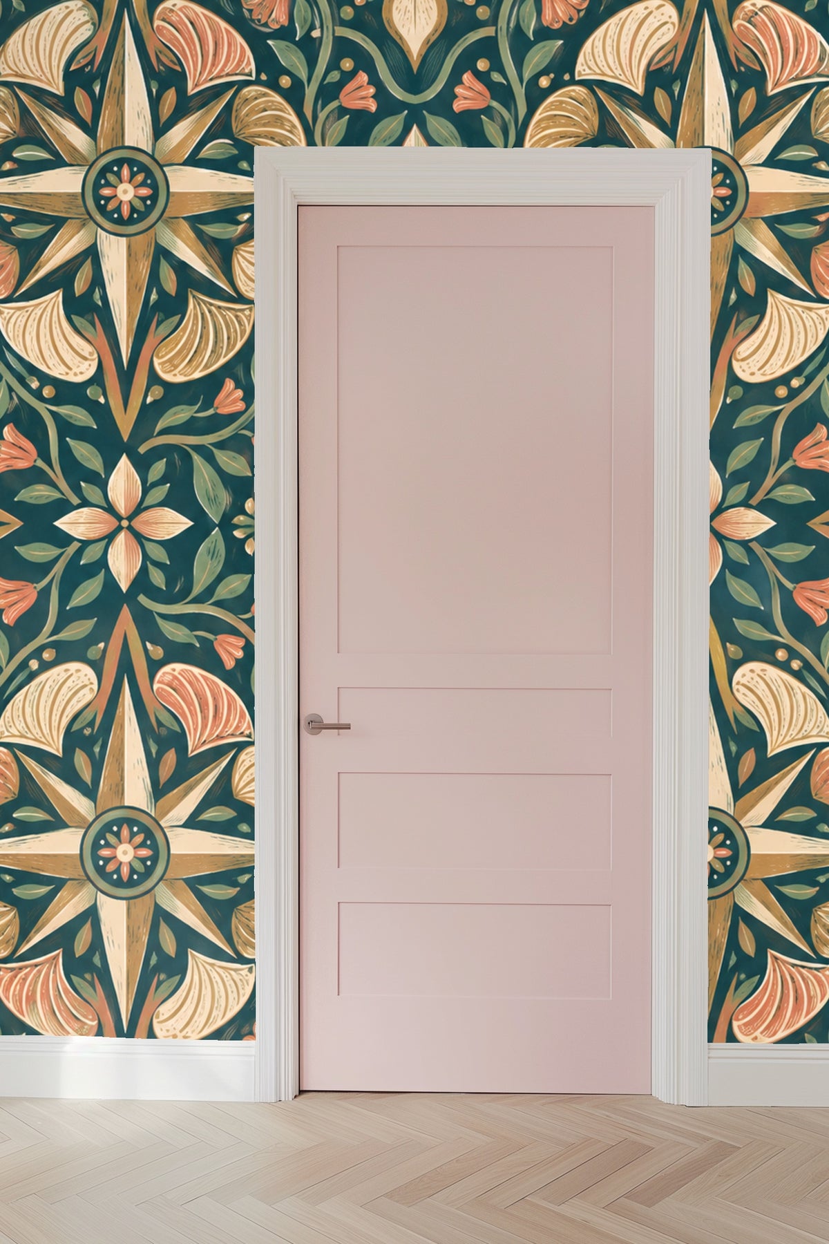 Leafy spirals connecting compass motifs in olive green hues