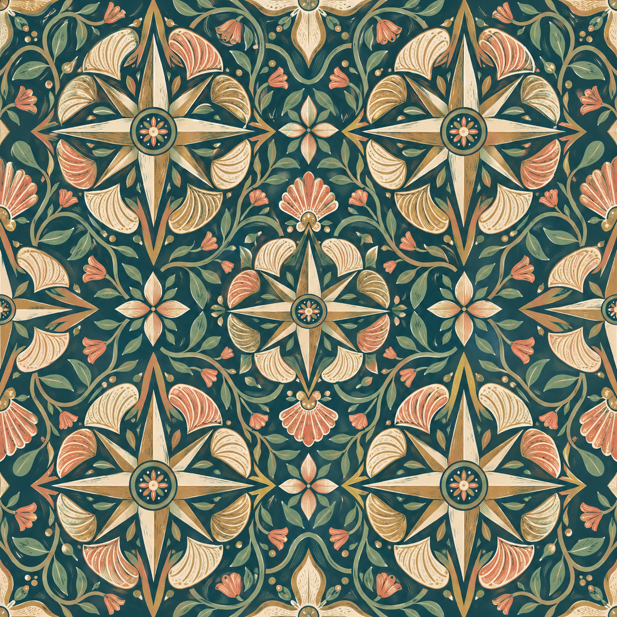Pattern repetition showing rhythmic layout of compass and shells