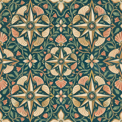 Pattern repetition showing rhythmic layout of compass and shells
