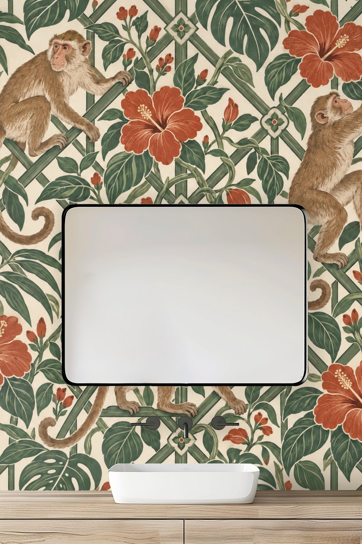 Section of trellis pattern with symmetrical flower motifs and green foliage