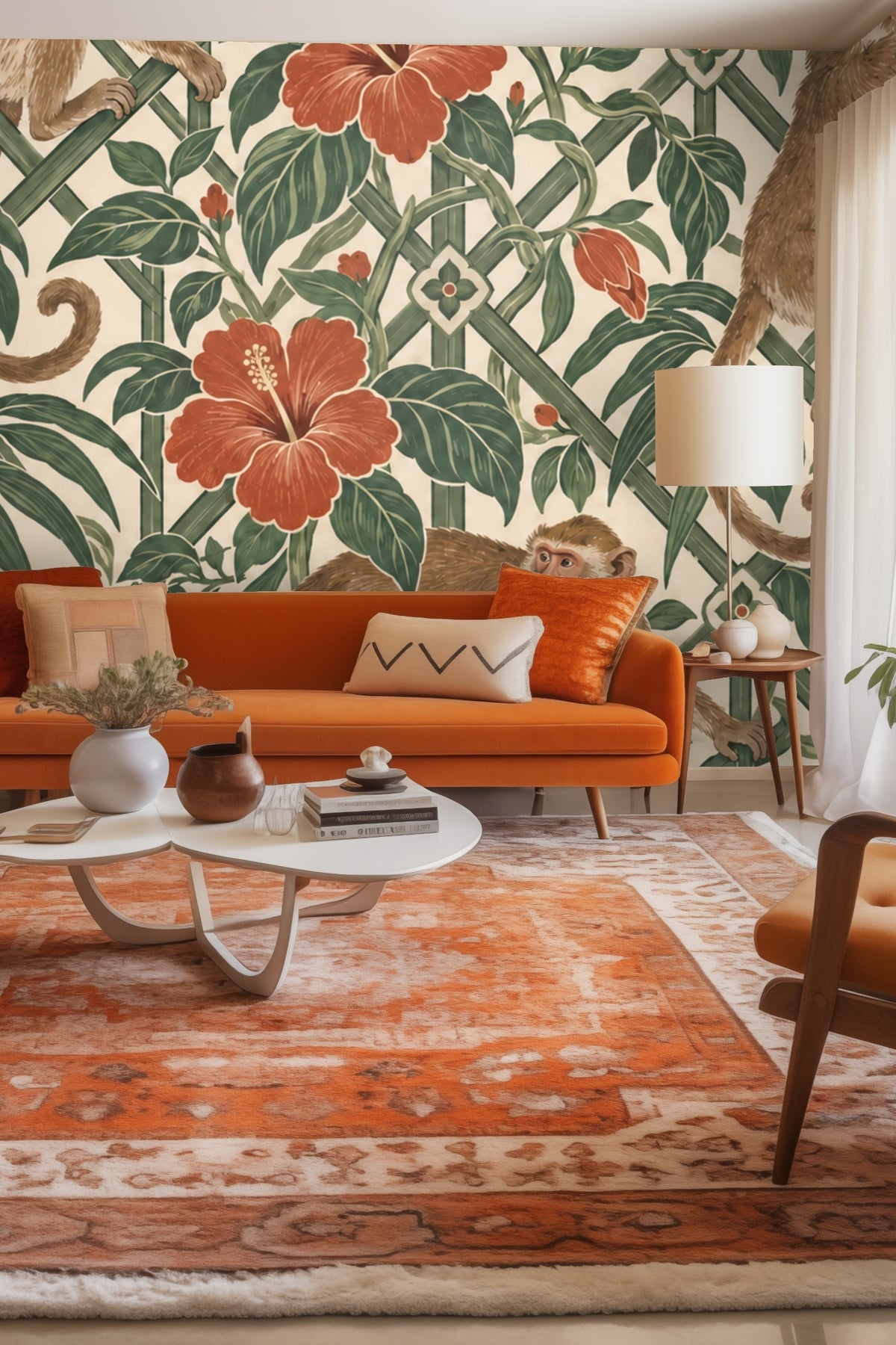 Original artwork of mazeleaf macaques wallpaper showing detailed monkeys, terracotta hibiscus flowers, and green leafy trellis on cream