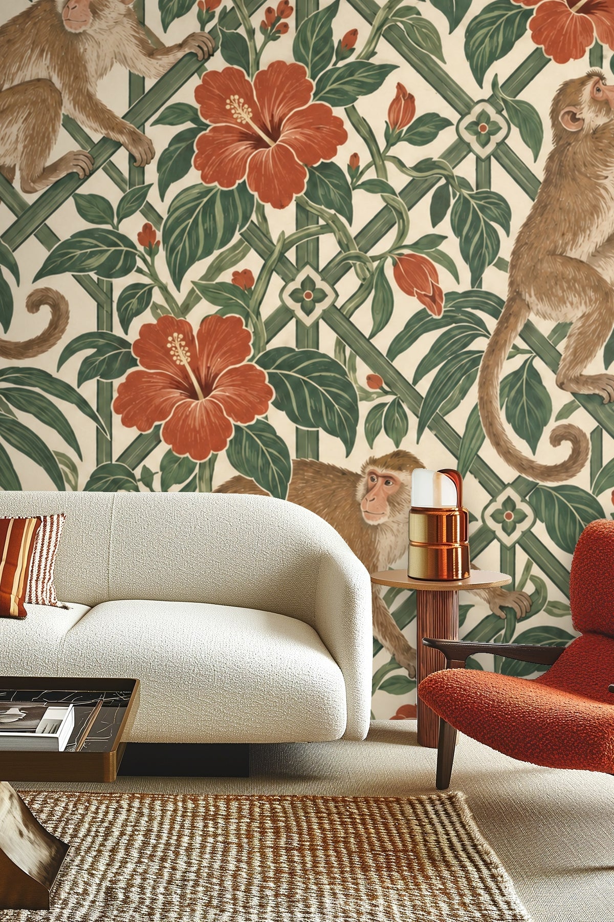Three monkeys positioned dynamically climbing the lattice of green leaves and red flowers