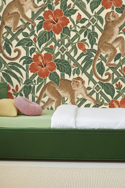 Living room with mazeleaf macaques wallpaper behind orange couch and terracotta rug, with natural light