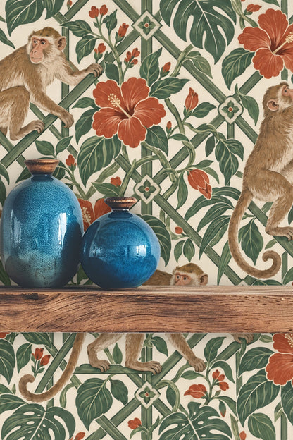 Detail of hibiscus flower in terracotta with layered green leaves around it on wallpaper