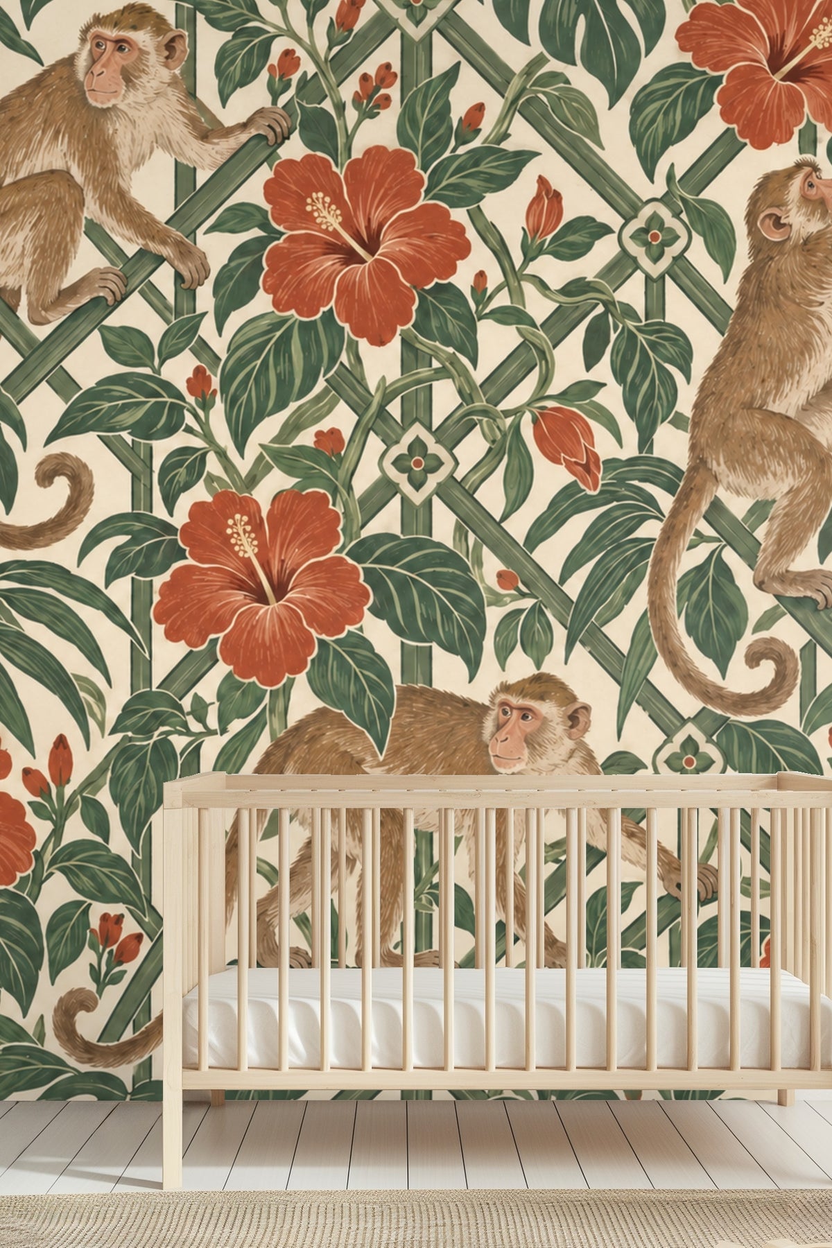 Partial wallpaper view behind mid-century modern chair and plant accessory