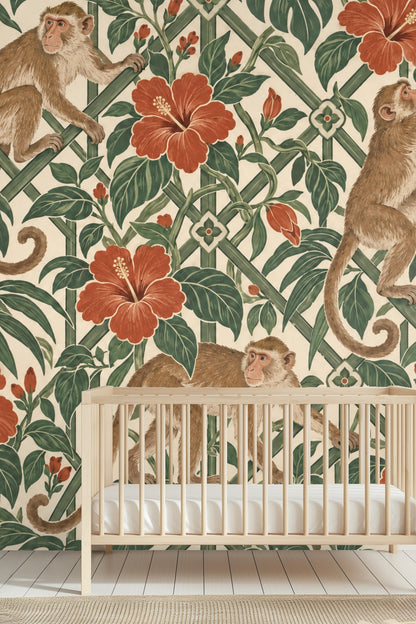 Partial wallpaper view behind mid-century modern chair and plant accessory
