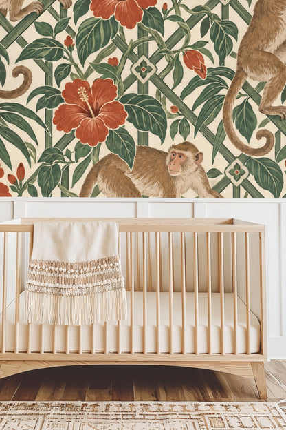Close-up of macaque illustration on the wallpaper showing textured fur and detailed facial expression
