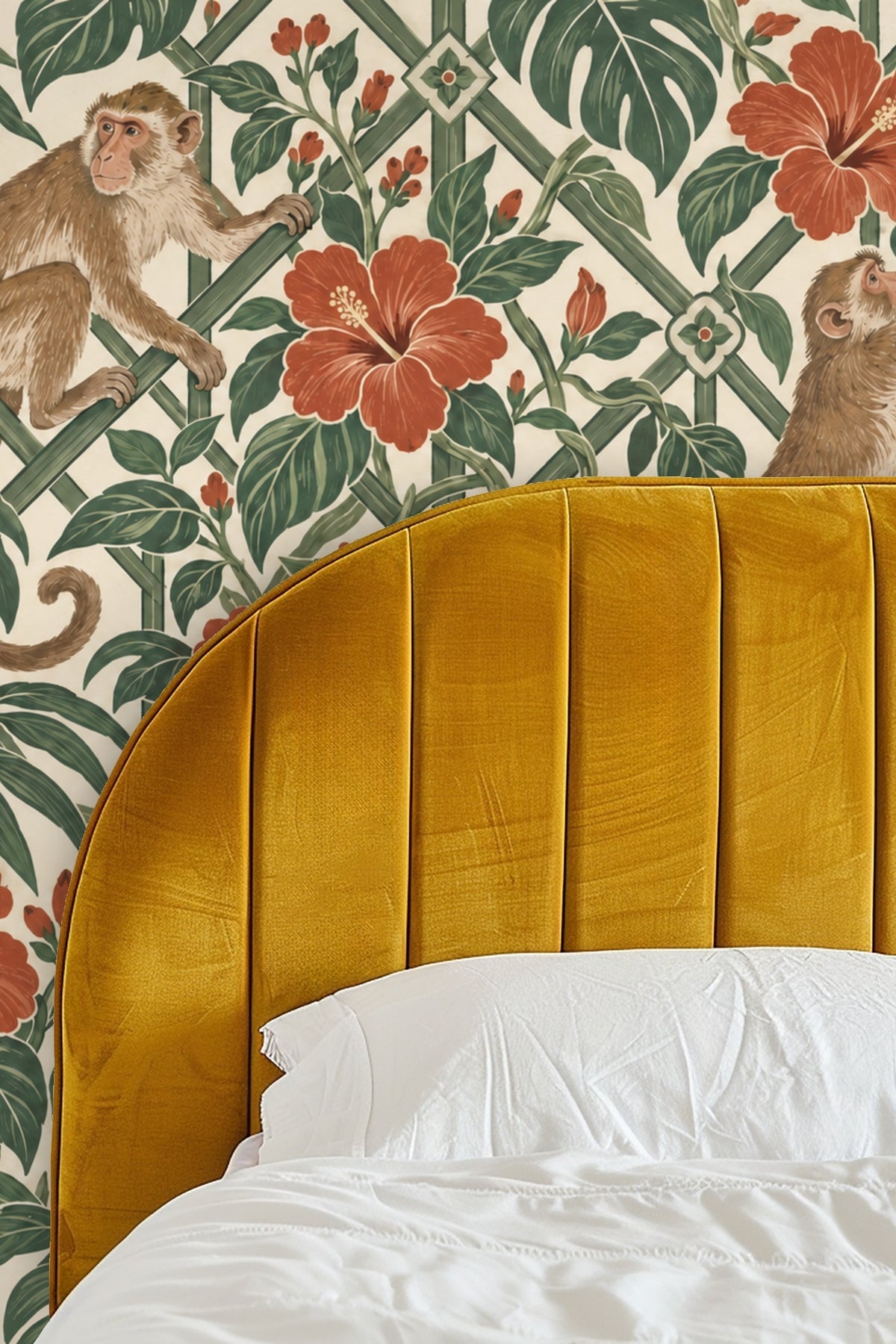 Wide view of wallpaper pattern showing repeating trellis and flower details