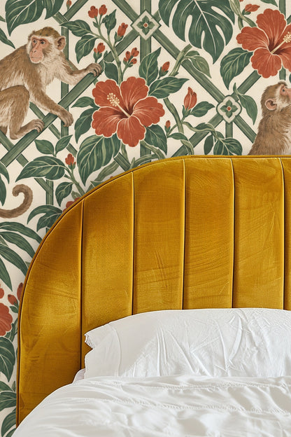 Wide view of wallpaper pattern showing repeating trellis and flower details