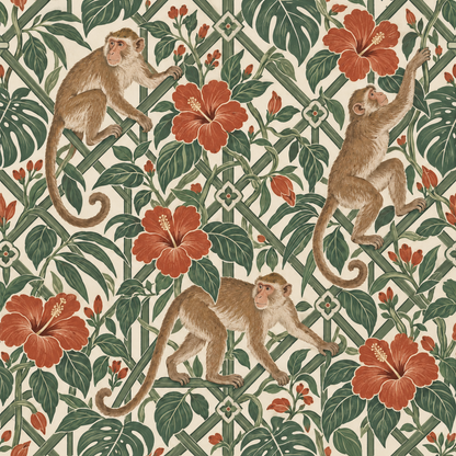 Neutral background with vibrant flora and fauna pattern creating dynamic visual interest