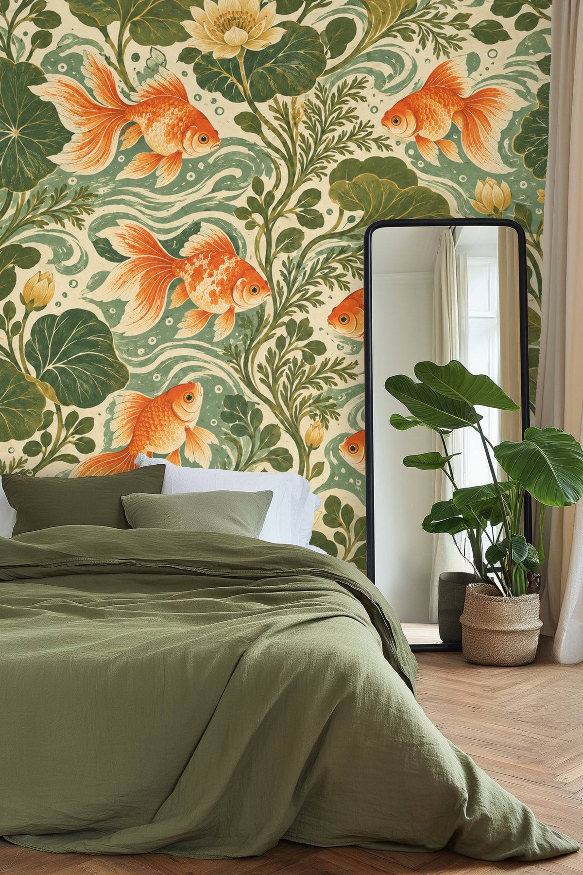 Vibrant goldfish artwork emphasizing movement and color contrasts