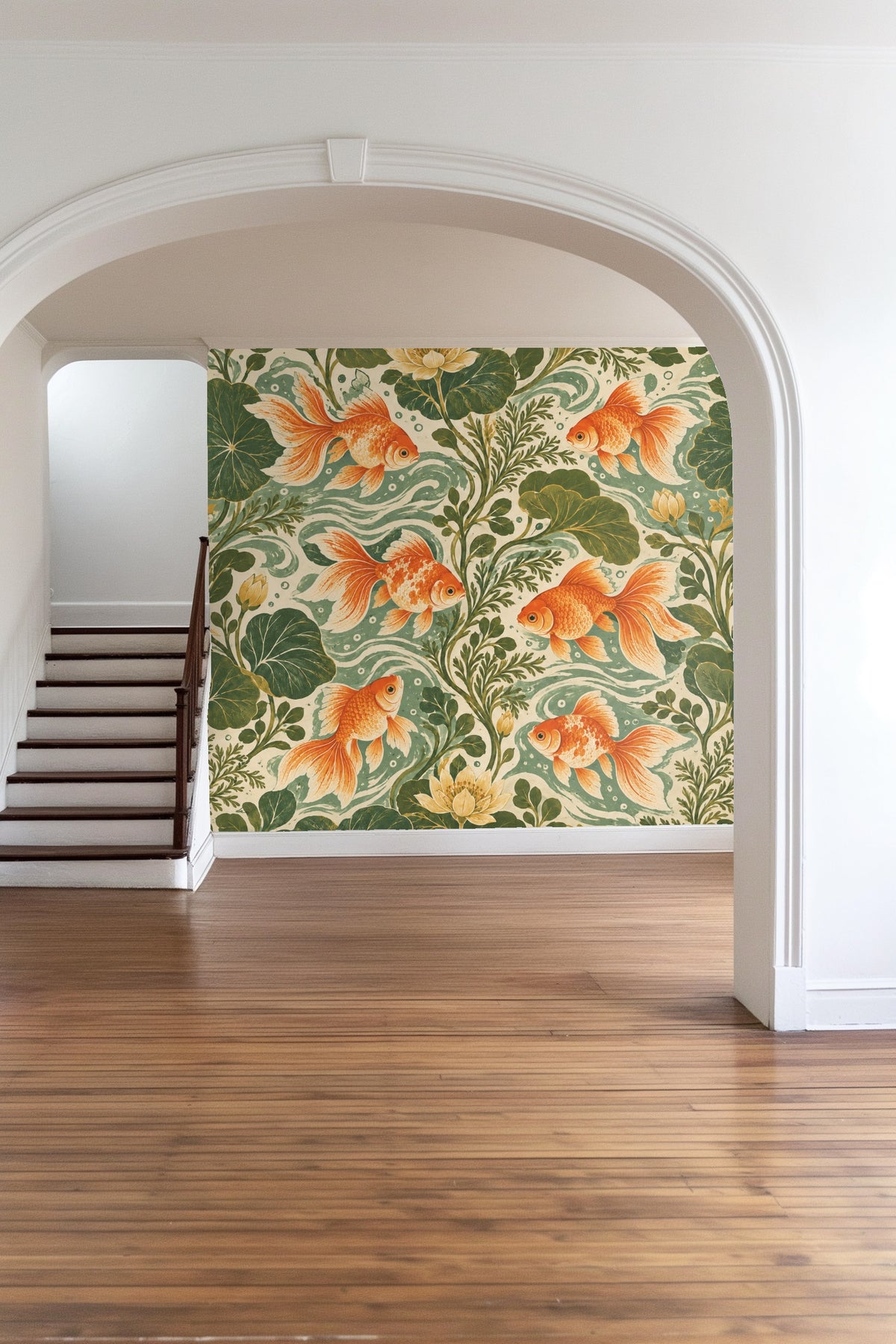 Lush green foliage and blooming lotuses integrated with fish in wallpaper design