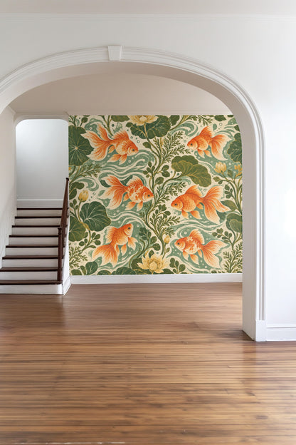 Lush green foliage and blooming lotuses integrated with fish in wallpaper design