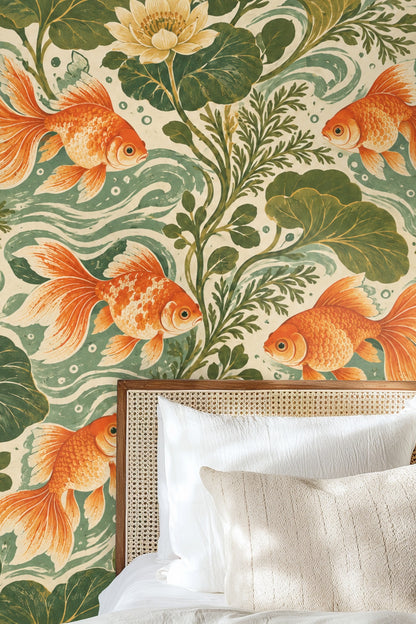 Wallpaper in bedroom showing intricate aquatic life design