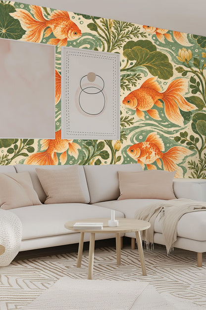 Pattern repeat showing interplay of fish, water, and plants