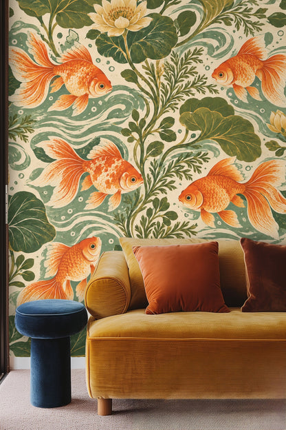 Wavefin Goldfish wallpaper installed above a wooden headboard with white bedding
