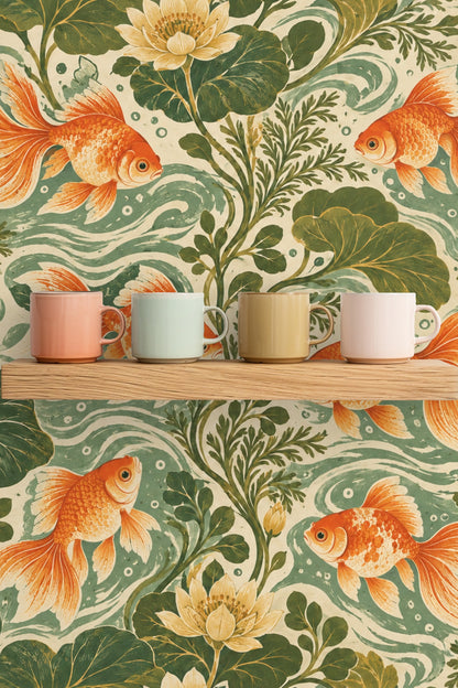 Artistic goldfish motif with rich textural scales on wallpaper