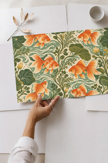Detailed pattern of orange goldfish swimming among green lily pads and flowing water currents