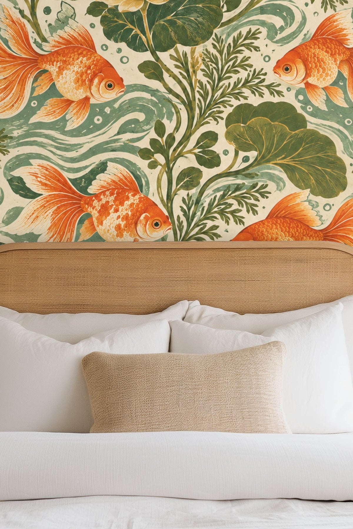 Close-up view of Wavefin Goldfish wallpaper showing orange goldfish and green lotus leaves detail