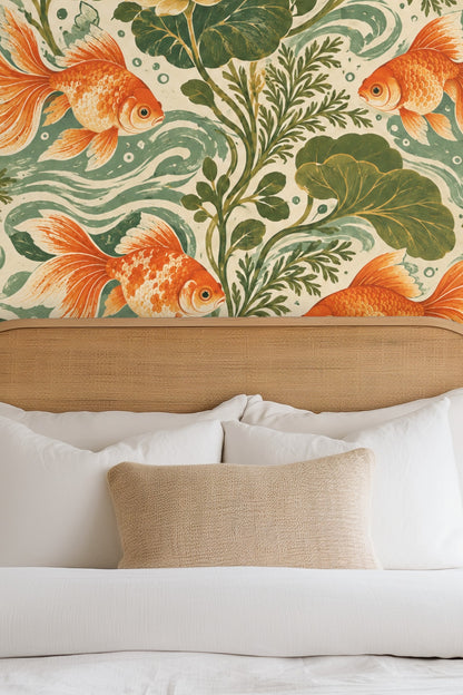Close-up view of Wavefin Goldfish wallpaper showing orange goldfish and green lotus leaves detail