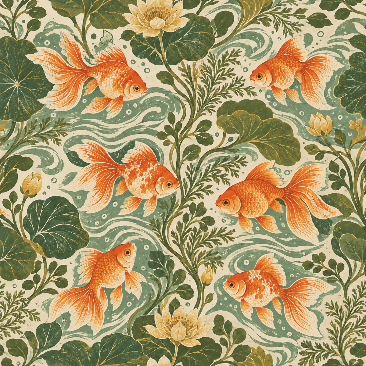 Wavefin Goldfish wallpaper mural capturing a tranquil Japanese-influenced pond scene