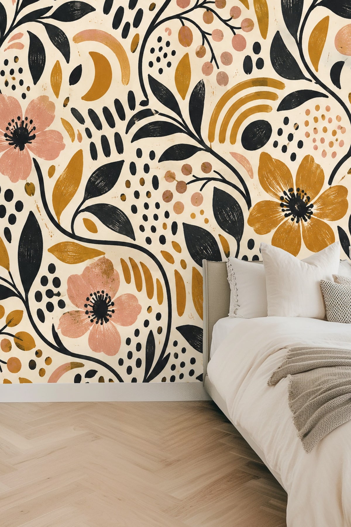 Close-up of Ochre Ink Confetti original wallpaper artwork showing flowers, leaves, arches, and dots