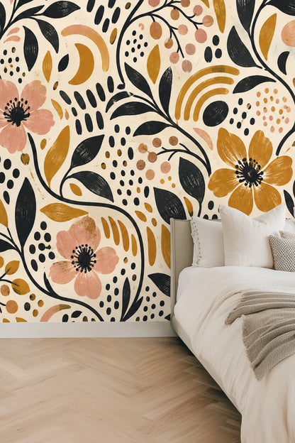 Close-up of Ochre Ink Confetti original wallpaper artwork showing flowers, leaves, arches, and dots