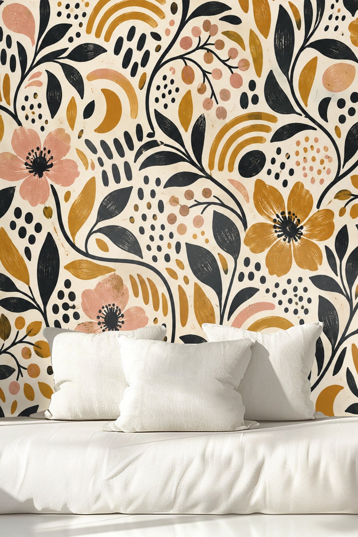 Ochre Ink Confetti wallpaper mural in a living room setting with an armchair and side table
