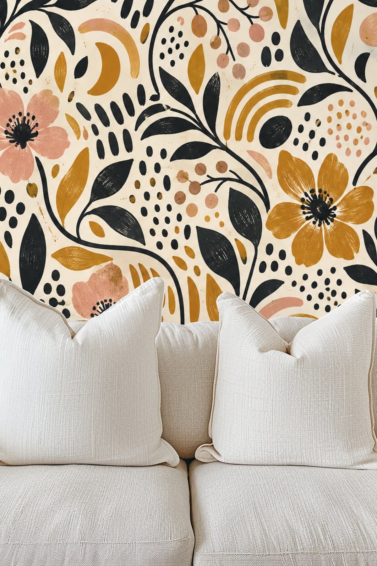 Detail of floral petals and ochre leaves with black ink line accents