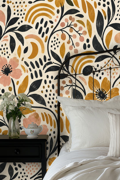 Contrast between deep black ink leaves and ochre flower centers