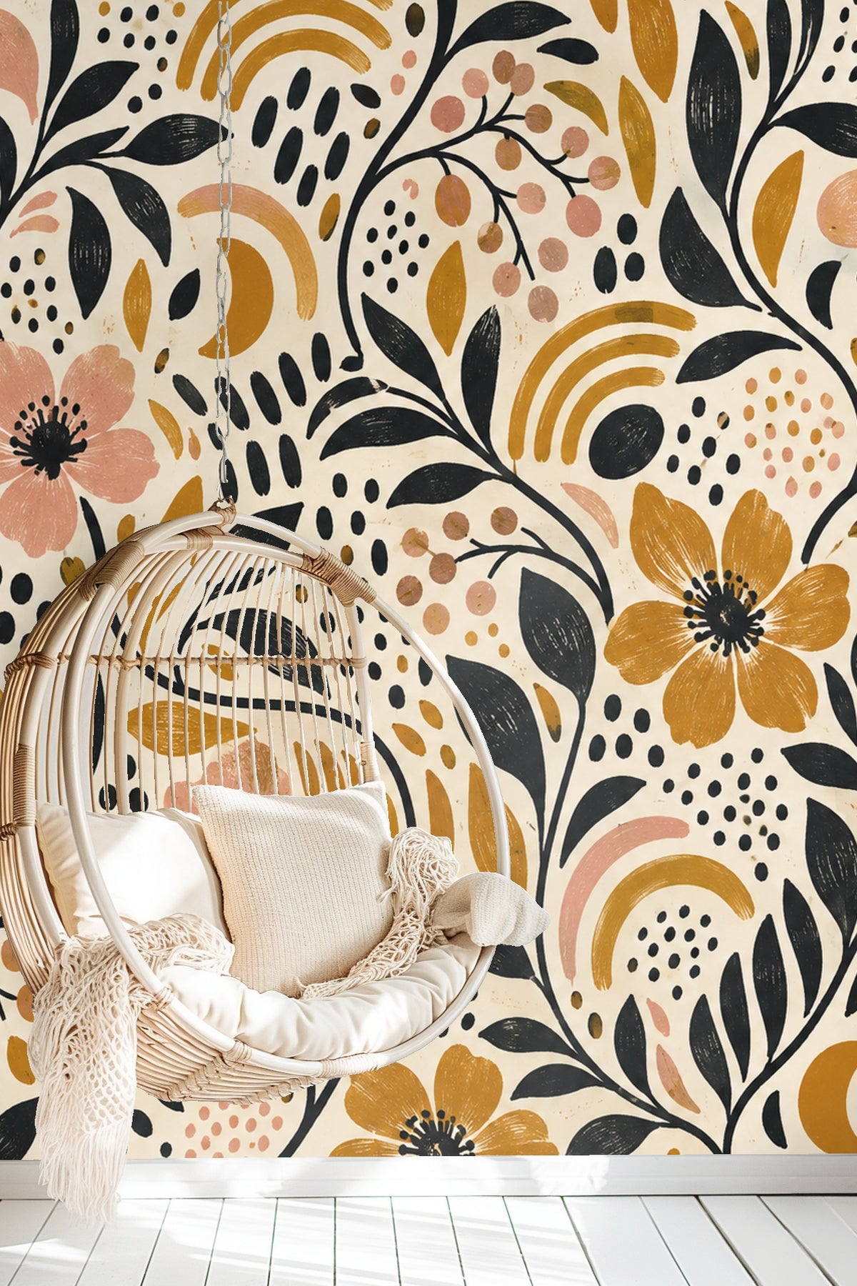 Overlay of abstract arches and dots in soft pink and ochre