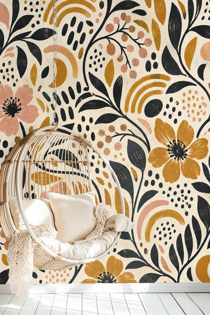 Overlay of abstract arches and dots in soft pink and ochre