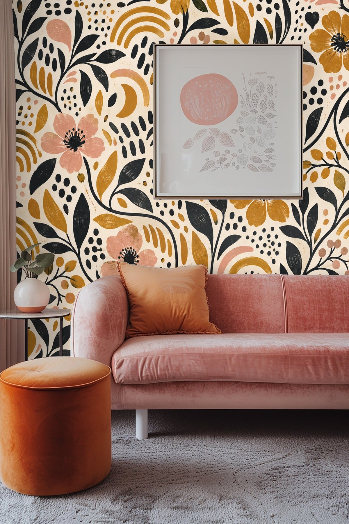 Room corner with wallpaper and natural wood flooring