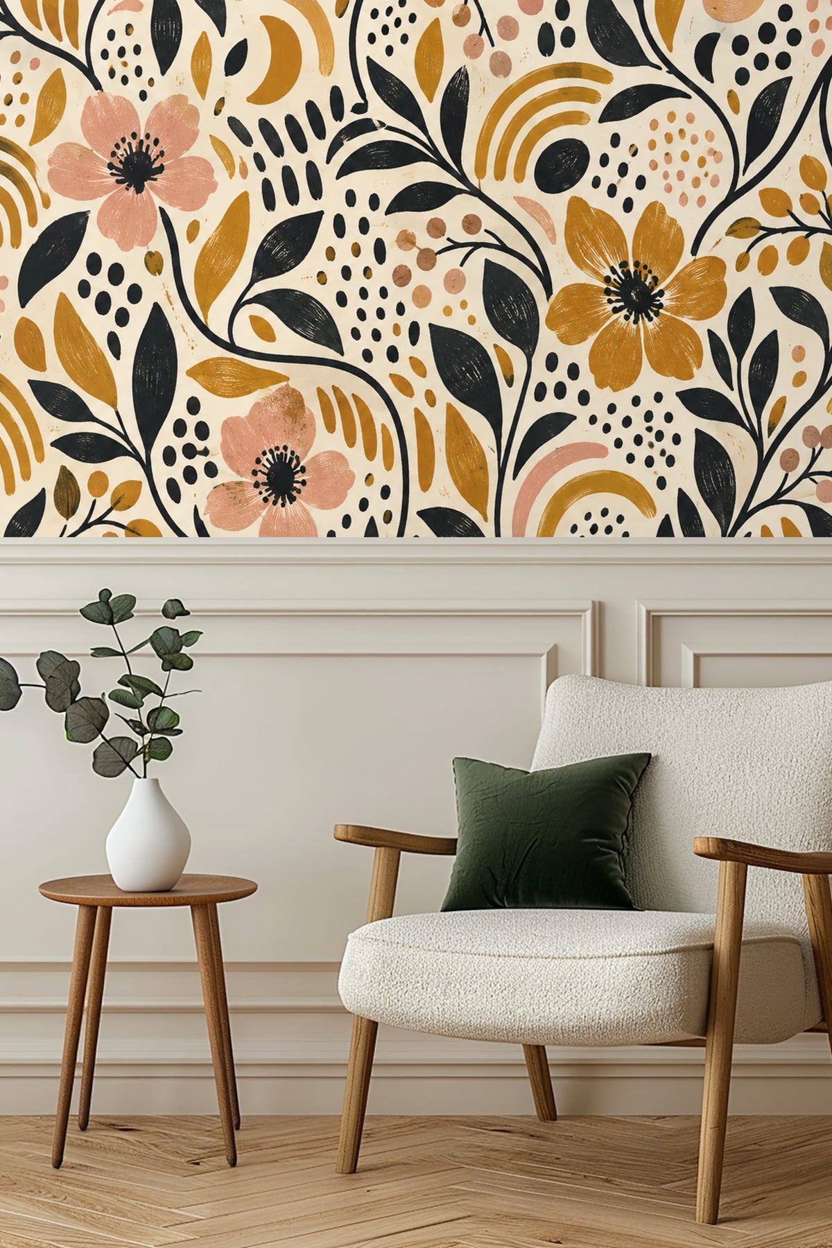 Ochre Ink Confetti wallpaper mural in a bedroom setting behind a bed with white linens