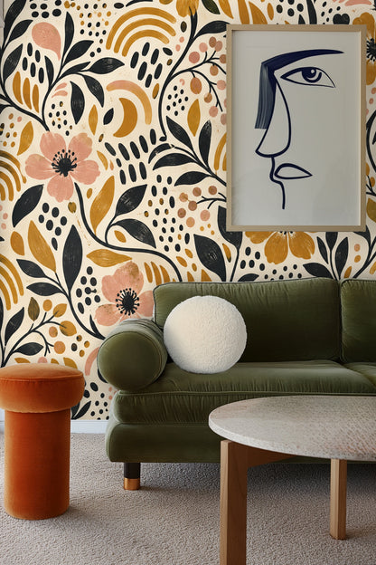 Botanical branches curling across the pattern with dotted accents